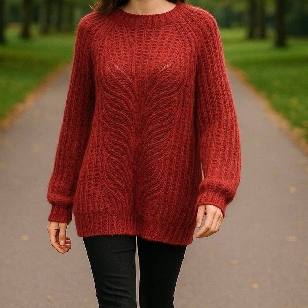 Elsamanda‎ Made in Italy Alpaca Blend Open Knit Sweater Large Red Mohair  NWT